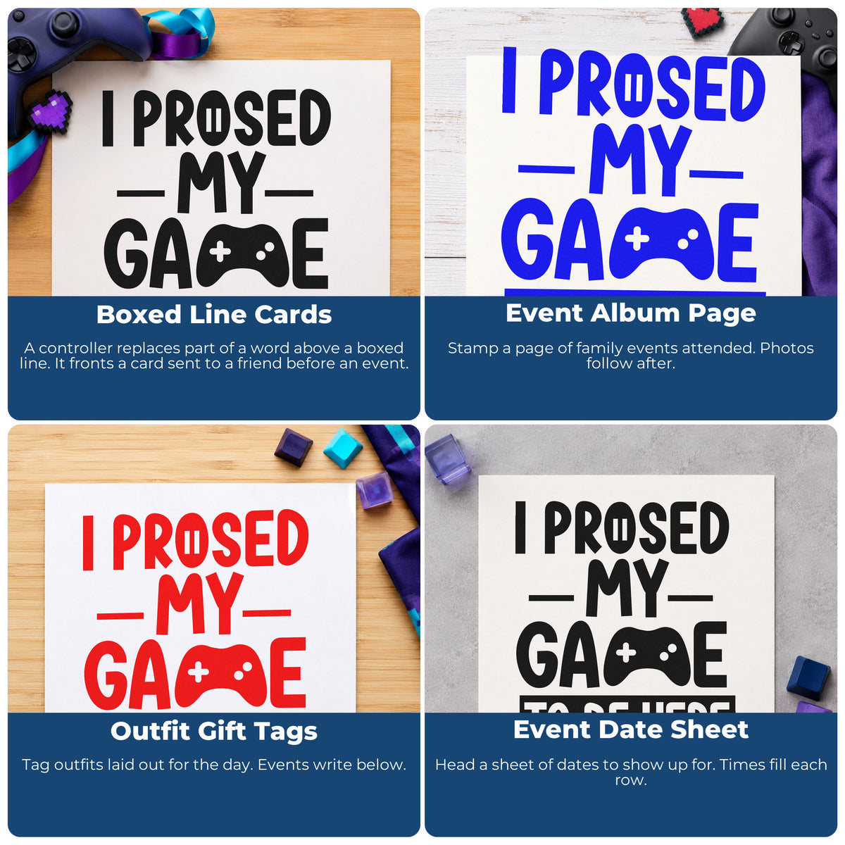 Four ways to use the Wood Handle Gaming To Be Here Controller Lettering Rubber Stamp: boxed line cards, event album page, outfit gift tags and event date sheet.