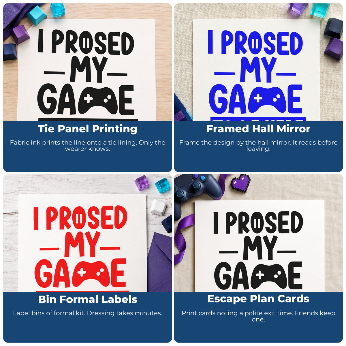 Four ways to use the Gaming To Be Here Controller Lettering Stamp - Premium Vintage Pro Wooden: tie panel printing, framed hall mirror, bin formal labels and escape plan cards.