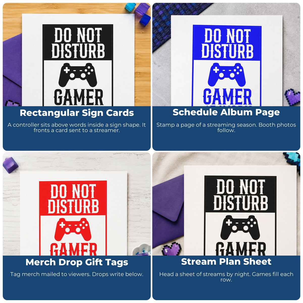Four ways to use the Do Not Disturb Gamer Slim Pre-Inked Stamp: rectangular sign cards, schedule album page, merch drop gift tags and stream plan sheet.