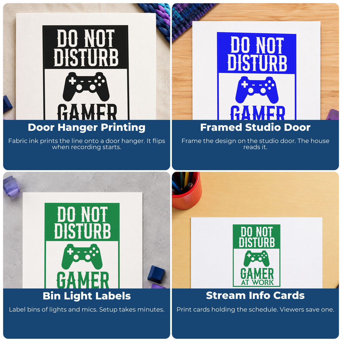 Four ways to use the Do Not Disturb Gamer Wood Handle Stamp: door hanger printing, framed studio door, bin light labels and stream info cards.