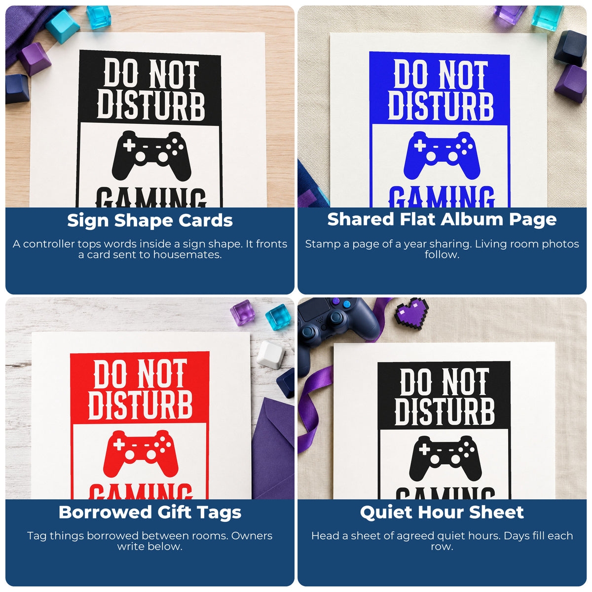 Four ways to use the Do Not Disturb Gaming Game Controller Stamp – Slim Pre-Inked: sign shape cards, shared flat album page, borrowed gift tags and quiet hour sheet.