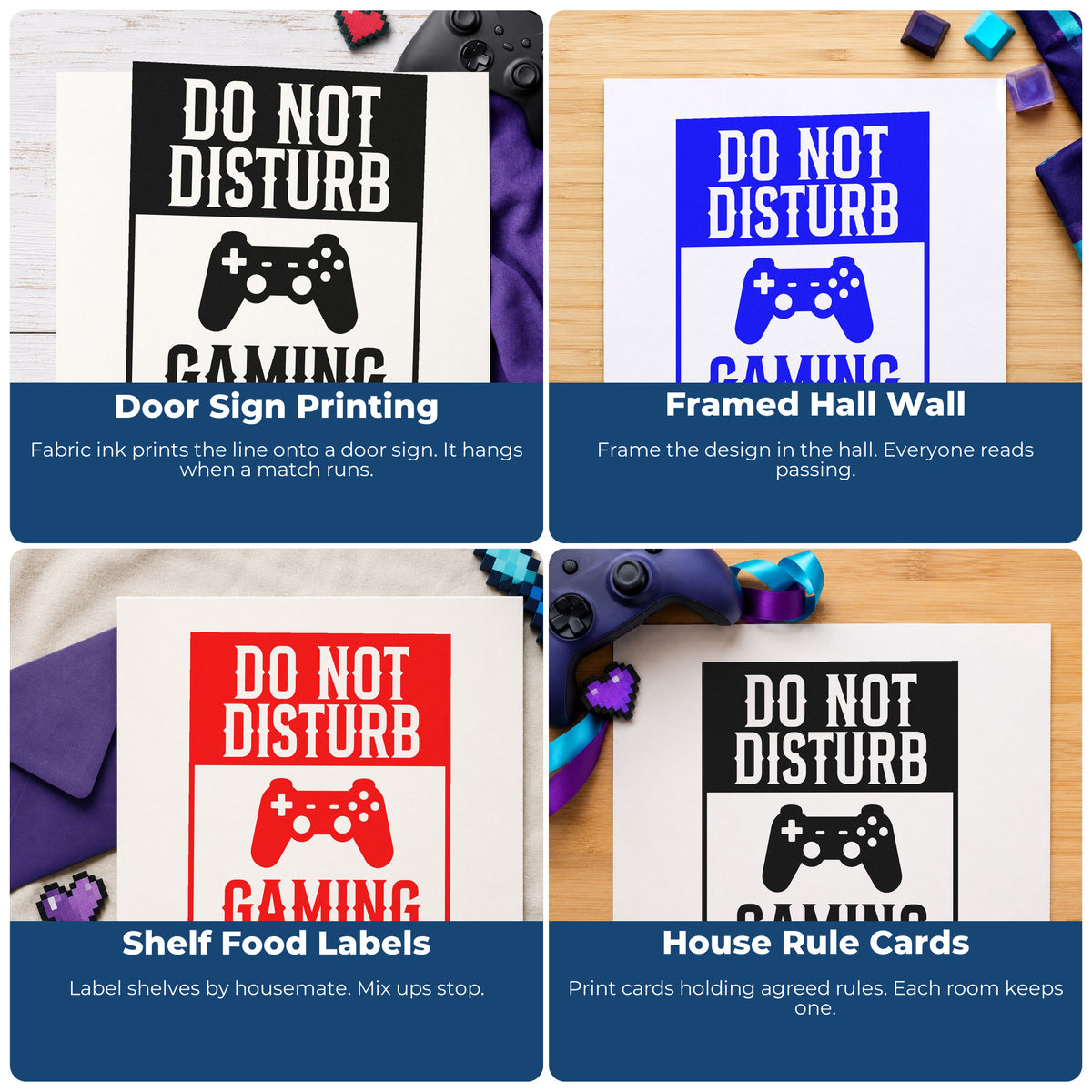 Four ways to use the Do Not Disturb Gaming Game Controller Stamp – Self-Inking: door sign printing, framed hall wall, shelf food labels and house rule cards.