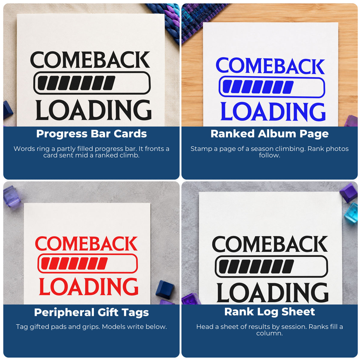 Four ways to use the Comeback Loading Progress Bar Premium Wooden Stamp - Vintage Pro: progress bar cards, ranked album page, peripheral gift tags and rank log sheet.