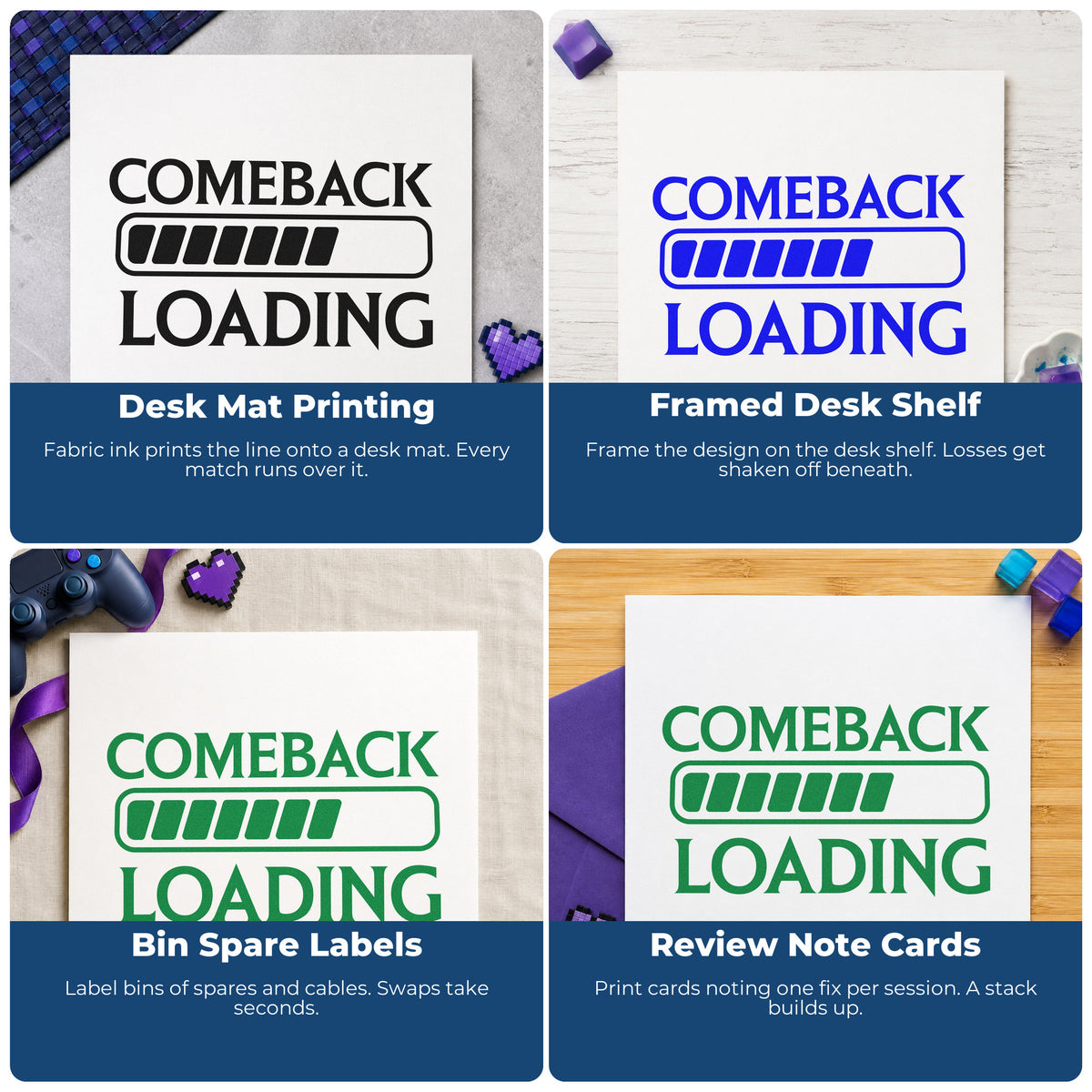 Four ways to use the Comeback Loading Progress Bar Rubber Stamp – Duo Hand: desk mat printing, framed desk shelf, bin spare labels and review note cards.