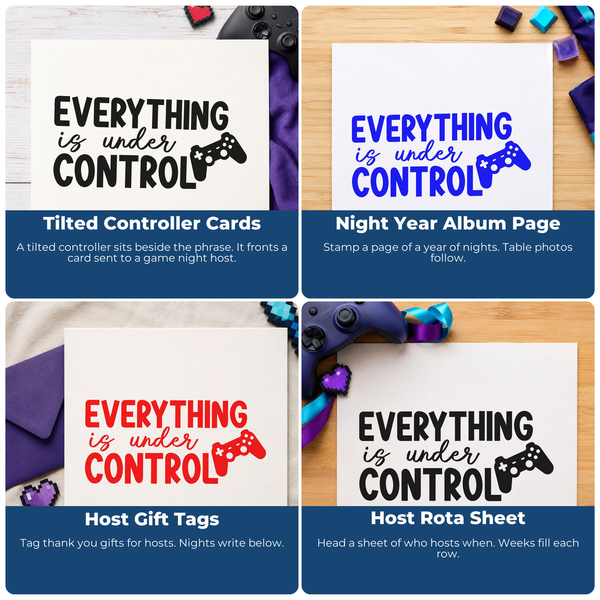 Four ways to use the Pre-Inked Everything Is Under Control Game Controller Stamp – PSI: tilted controller cards, night year album page, host gift tags and host rota sheet.