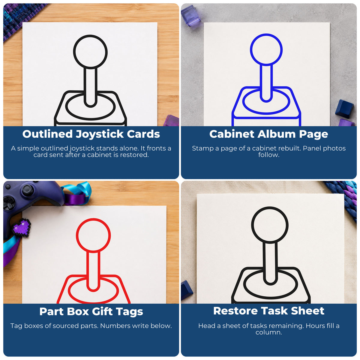 Four ways to use the Slim Pre-Inked Retro Joystick Outline Stamp: outlined joystick cards, cabinet album page, part box gift tags and restore task sheet.