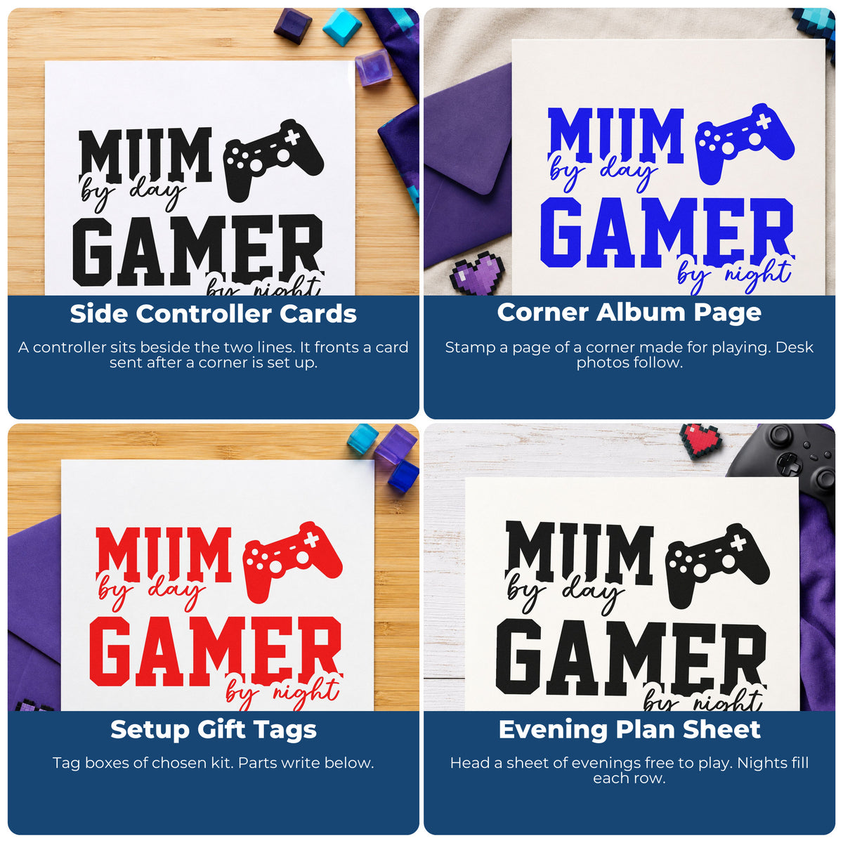 Four ways to use the Mum By Day Gamer By Night Hand Stamp – Duo: side controller cards, corner album page, setup gift tags and evening plan sheet.