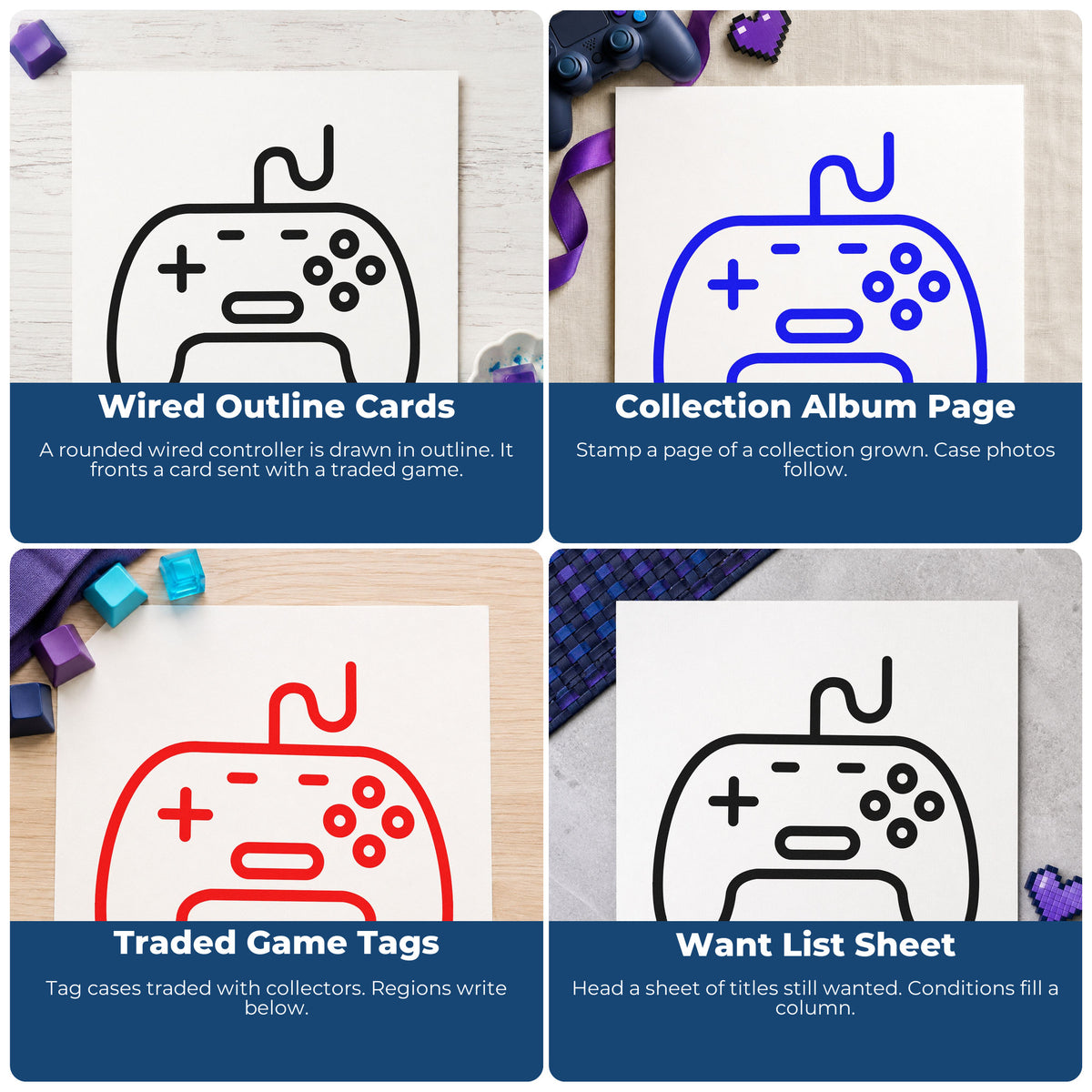 Four ways to use the Wired Retro Controller Line Art Stamp – Duo Hand: wired outline cards, collection album page, traded game tags and want list sheet.