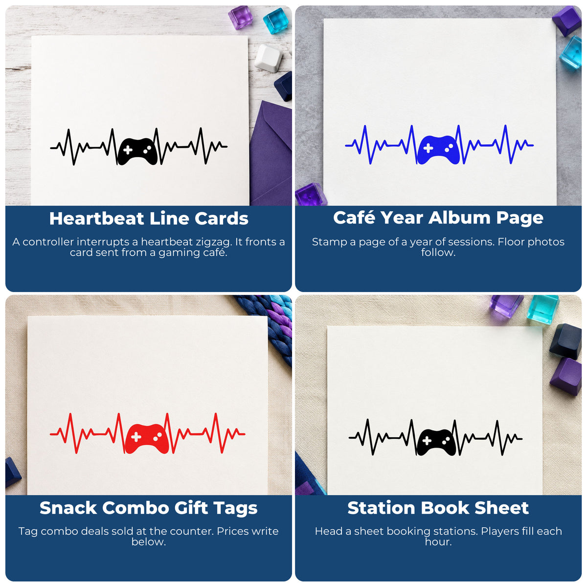 Four ways to use the Game Controller Heartbeat Line Rubber Stamp – Duo Hand: heartbeat line cards, café year album page, snack combo gift tags and station book sheet.