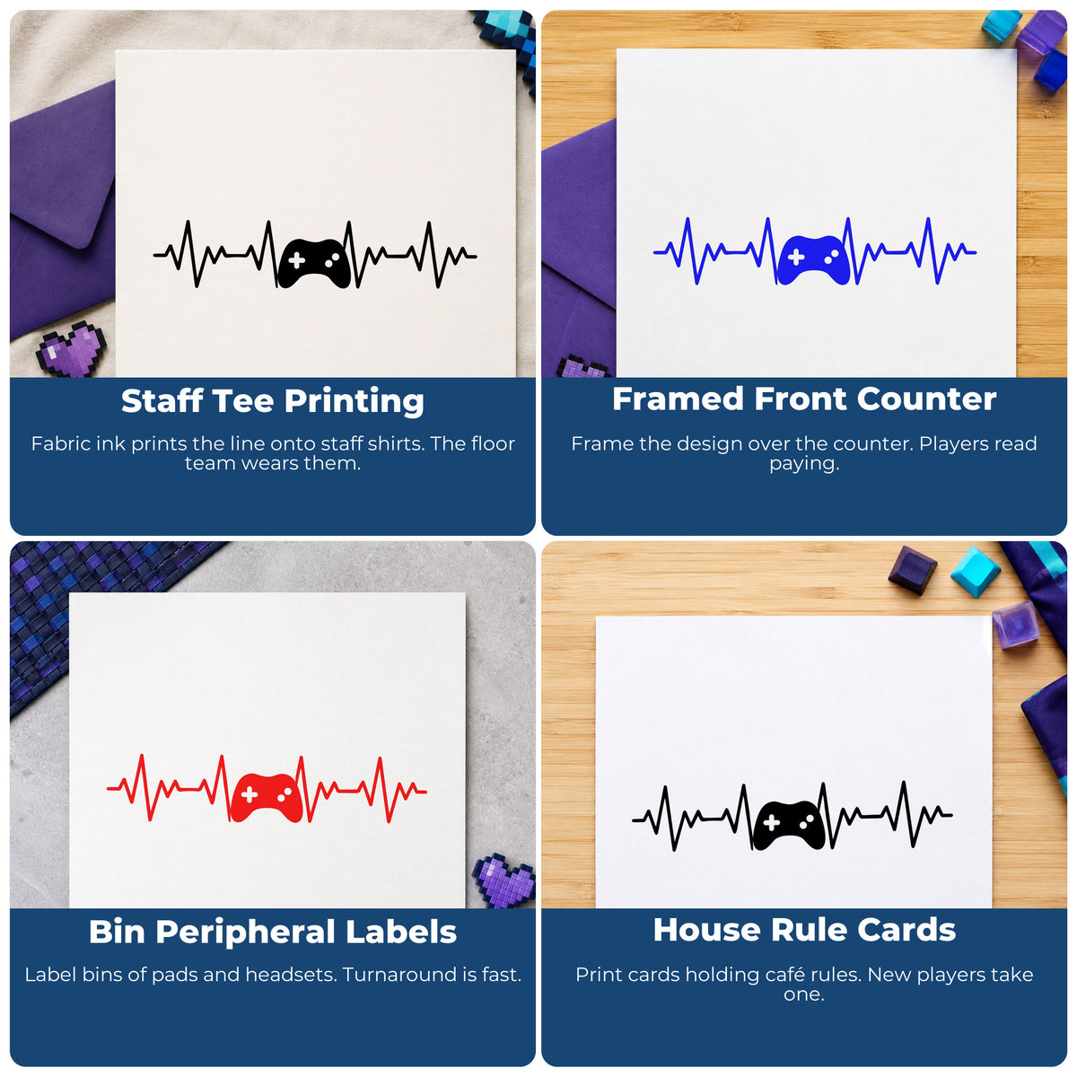 Four ways to use the Game Controller Heartbeat Line Rubber Stamp – Duo Hand: staff tee printing, framed front counter, bin peripheral labels and house rule cards.