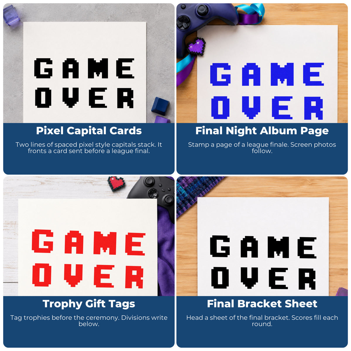 Four ways to use the Game Over Pixel Lettering Premium Wooden Stamp - Vintage Pro: pixel capital cards, final night album page, trophy gift tags and final bracket sheet.