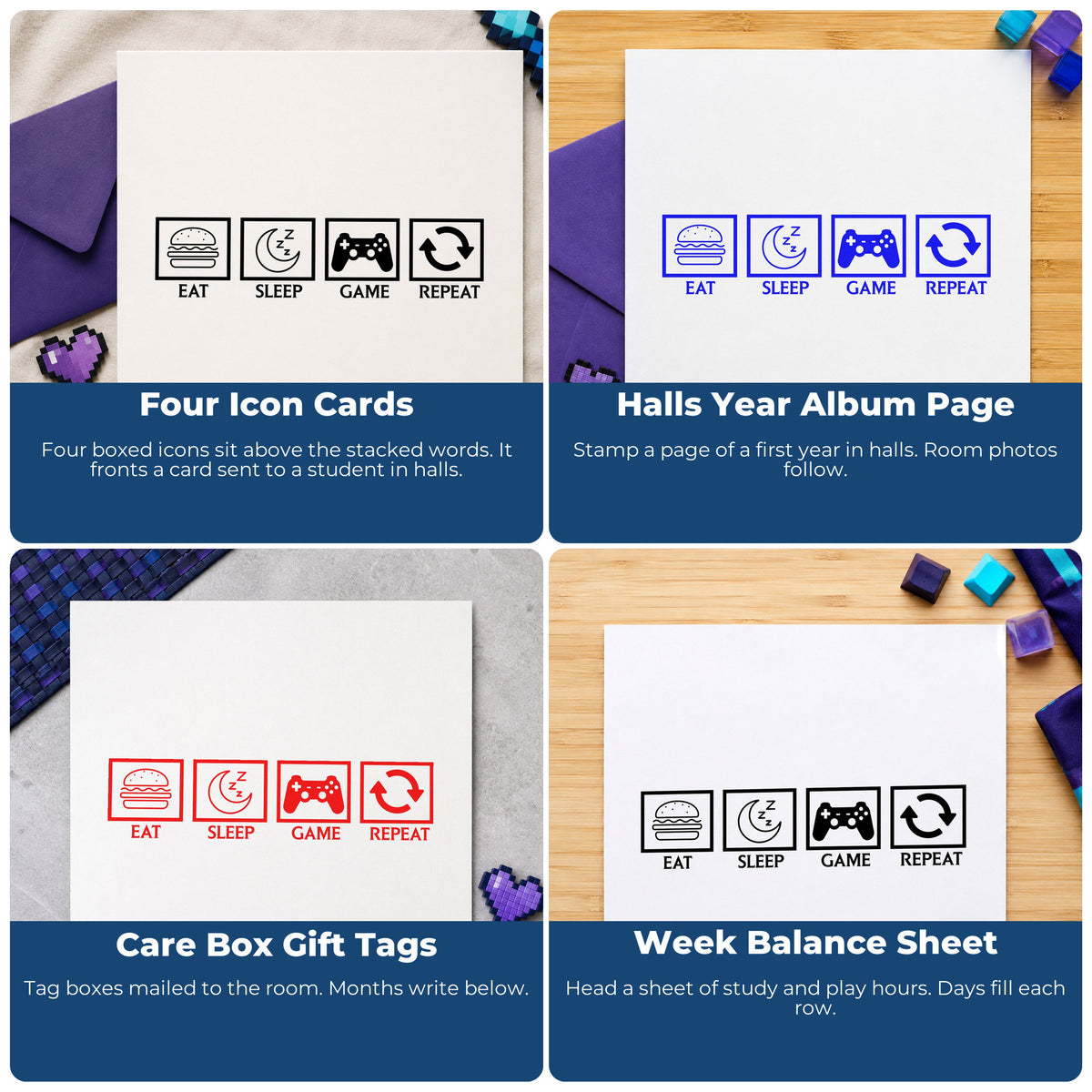 Four ways to use the Eat Sleep Game Repeat Arrow Stamp – Self-Inking: four icon cards, halls year album page, care box gift tags and week balance sheet.