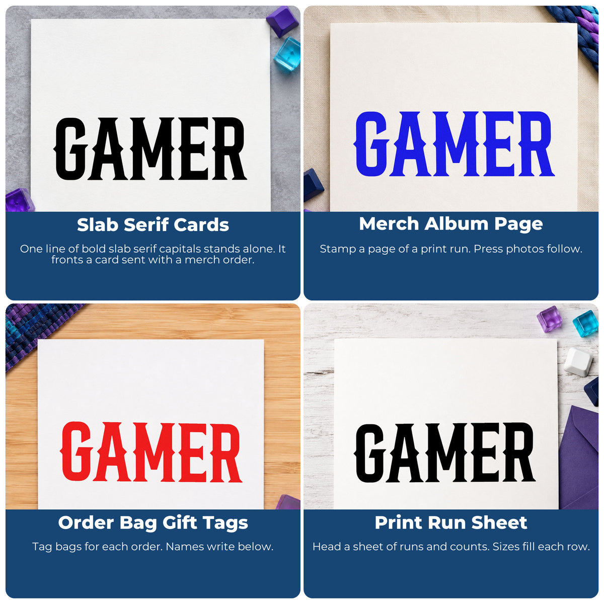 Four ways to use the Gamer Bold Slab Word Art Pre-Inked Stamp – Slim: slab serif cards, merch album page, order bag gift tags and print run sheet.