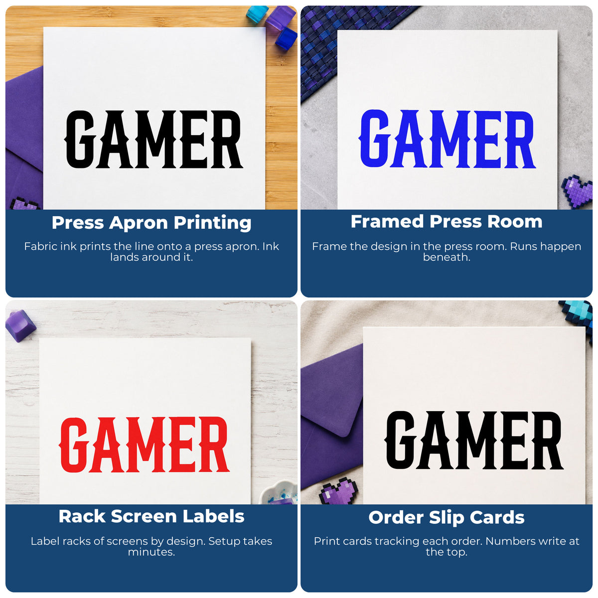 Four ways to use the Gamer Bold Slab Word Art Craft Stamp – Self-Inking: press apron printing, framed press room, rack screen labels and order slip cards.
