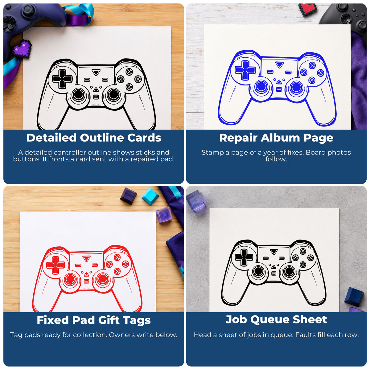 Four ways to use the Dual Thumbstick Controller Linework Rubber Stamp – Duo Hand: detailed outline cards, repair album page, fixed pad gift tags and job queue sheet.
