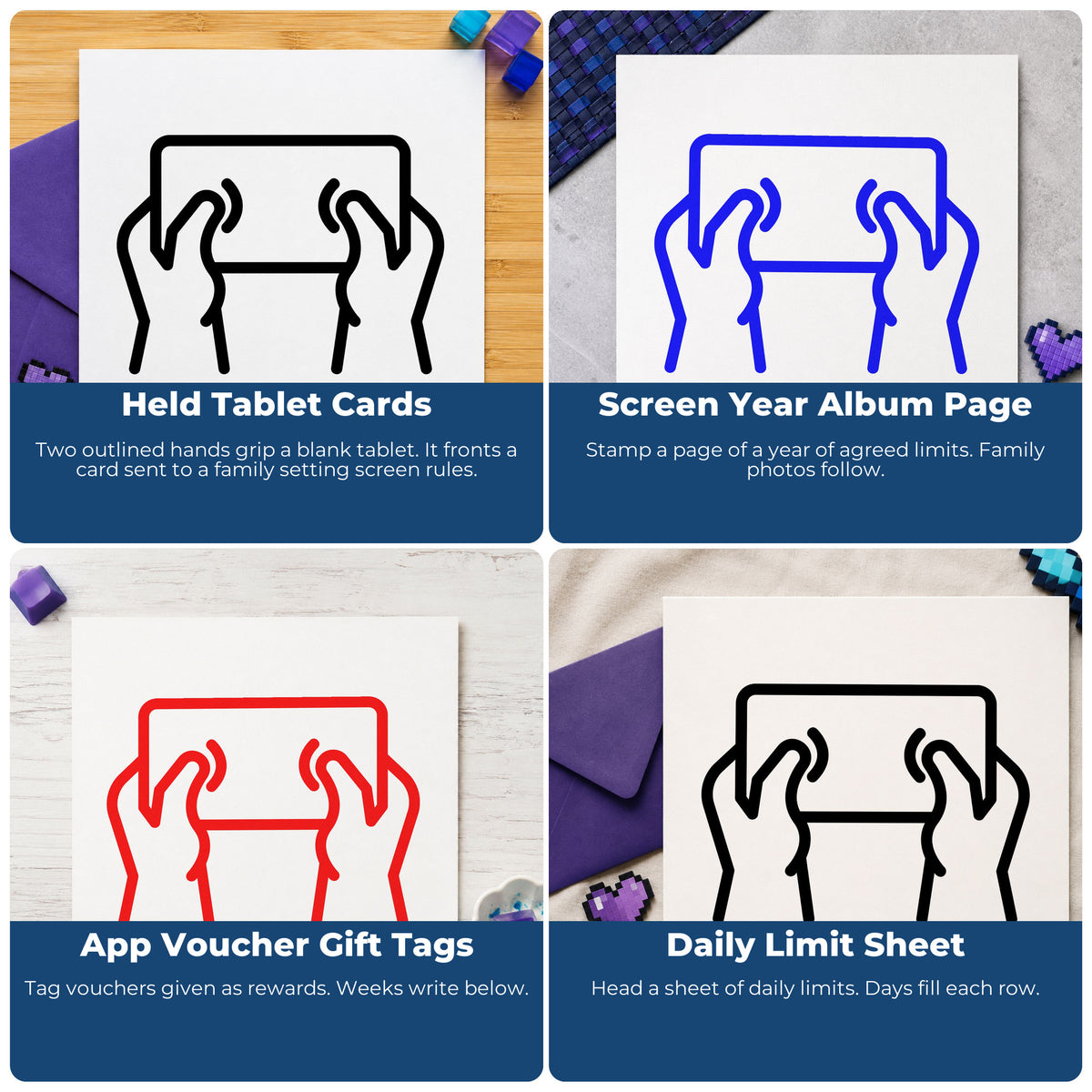 Four ways to use the Hands Holding A Tablet Frame Accent Stamp - Premium Vintage Pro Wooden: held tablet cards, screen year album page, app voucher gift tags and daily limit sheet.