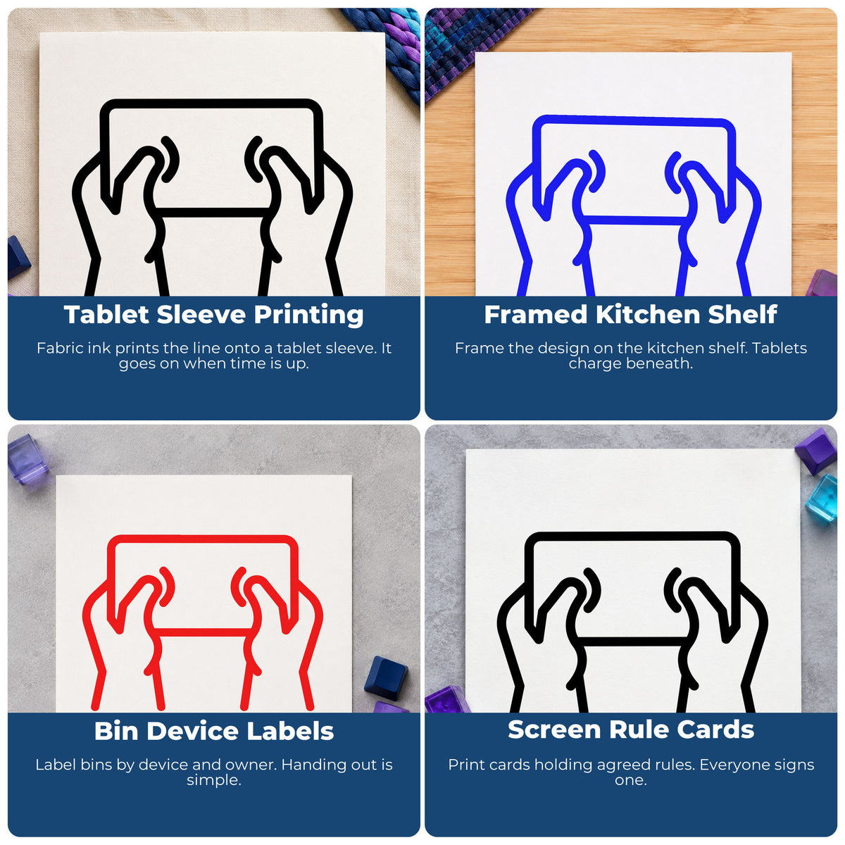 Four ways to use the Hands Holding A Tablet Frame Accent Stamp – Self-Inking: tablet sleeve printing, framed kitchen shelf, bin device labels and screen rule cards.