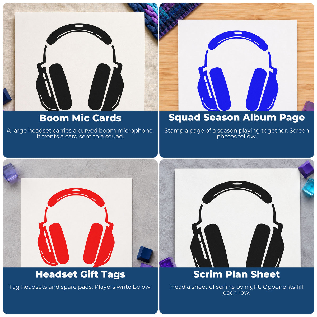 Four ways to use the Padded Gamer Headset With Mic PSI Pre-Inked Stamp: boom mic cards, squad season album page, headset gift tags and scrim plan sheet.