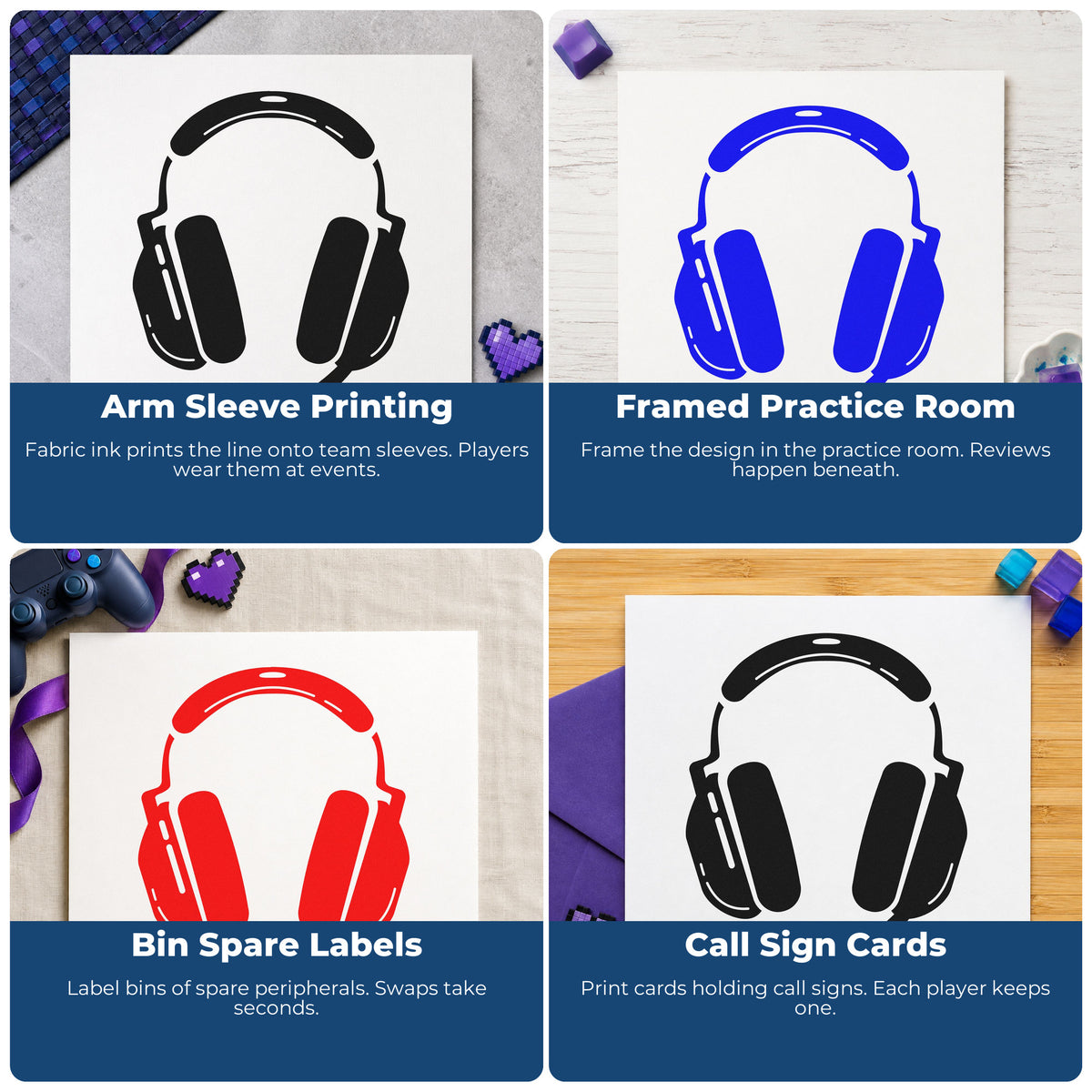 Four ways to use the Premium Wooden Padded Gamer Headset With Mic Stamp - Vintage Pro: arm sleeve printing, framed practice room, bin spare labels and call sign cards.