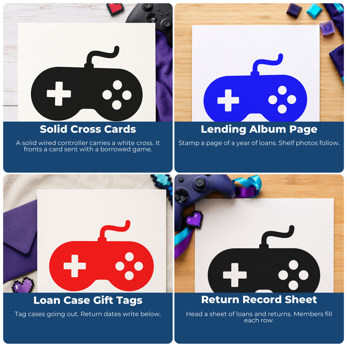 Four ways to use the Wired Retro Controller Silhouette Slim Pre-Inked Stamp: solid cross cards, lending album page, loan case gift tags and return record sheet.