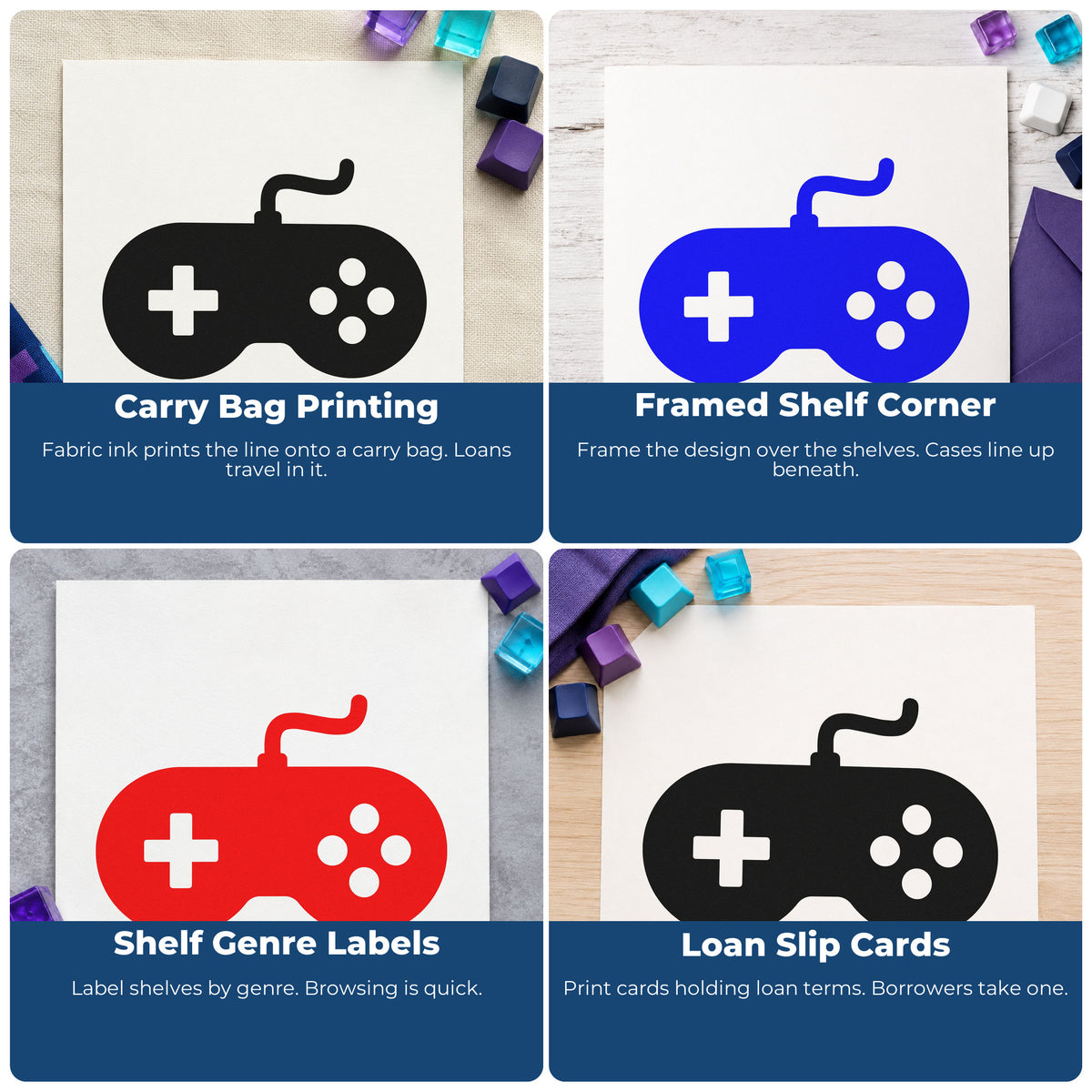 Four ways to use the Wired Retro Controller Silhouette Rubber Stamp – Wood Handle: carry bag printing, framed shelf corner, shelf genre labels and loan slip cards.