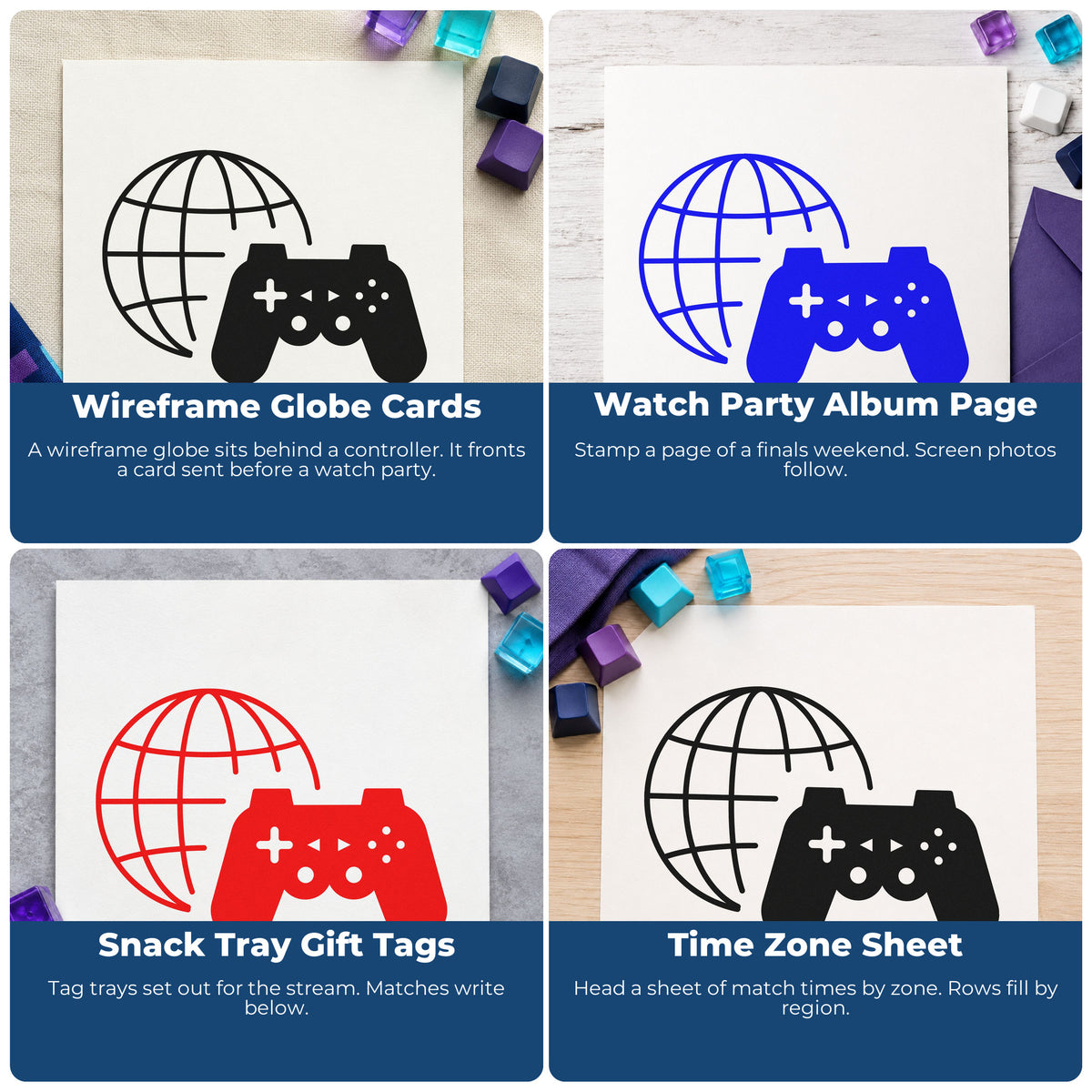 Four ways to use the Wireframe Globe With Game Controller Wood Handle Stamp: wireframe globe cards, watch party album page, snack tray gift tags and time zone sheet.