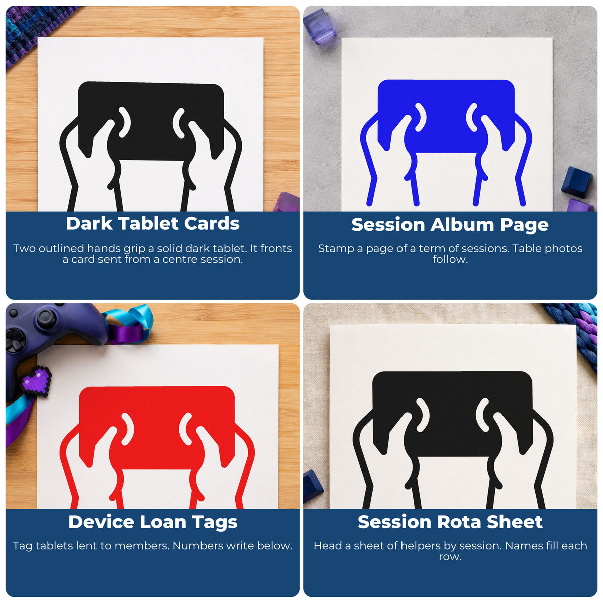 Four ways to use the Hands Holding A Solid Tablet Outline Detail PSI Pre-Inked Stamp: dark tablet cards, session album page, device loan tags and session rota sheet.