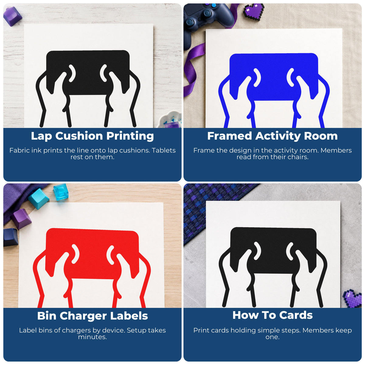 Four ways to use the Hands Holding A Solid Tablet Outline Detail Stamp – Self-Inking: lap cushion printing, framed activity room, bin charger labels and how to cards.