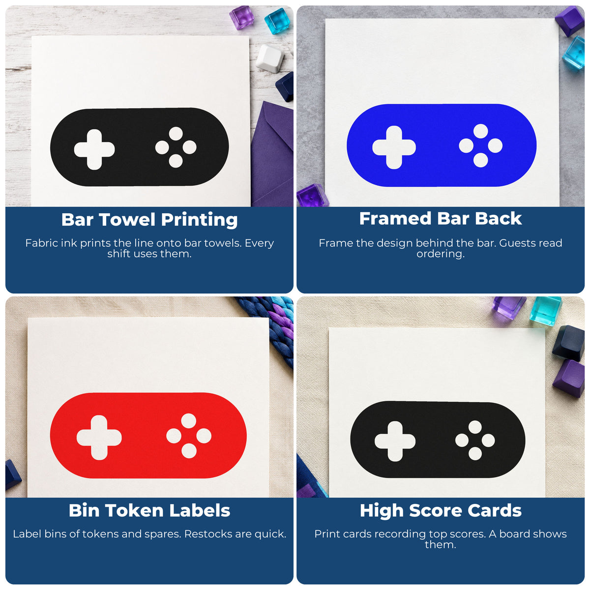 Four ways to use the Pill-Shaped Controller Button Silhouette Wood Handle Stamp: bar towel printing, framed bar back, bin token labels and high score cards.