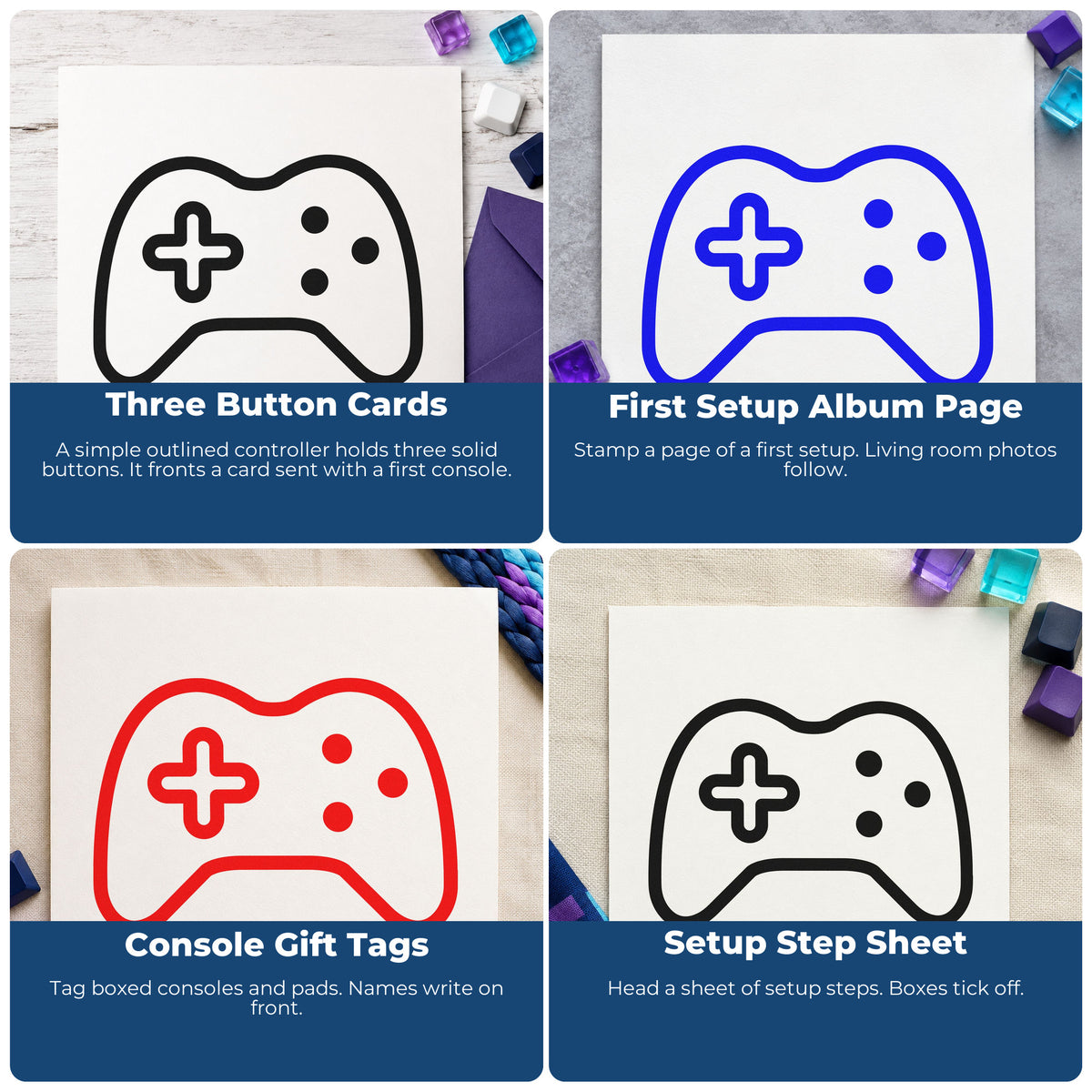 Four ways to use the Three Button Controller Outline PSI Pre-Inked Stamp: three button cards, first setup album page, console gift tags and setup step sheet.
