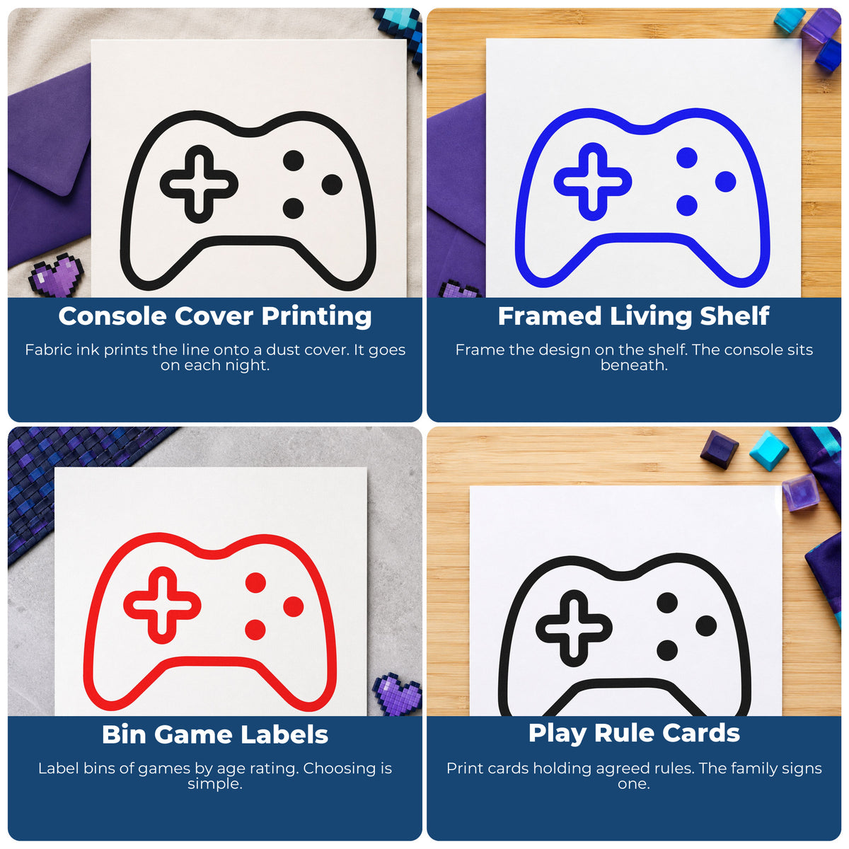 Four ways to use the Three Button Controller Outline Rubber Stamp – Duo Hand: console cover printing, framed living shelf, bin game labels and play rule cards.