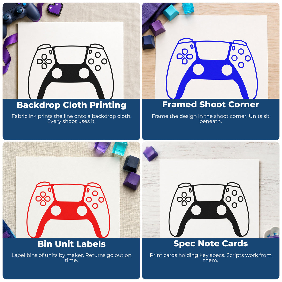 Four ways to use the Shaded Game Controller Duo Hand Stamp: backdrop cloth printing, framed shoot corner, bin unit labels and spec note cards.
