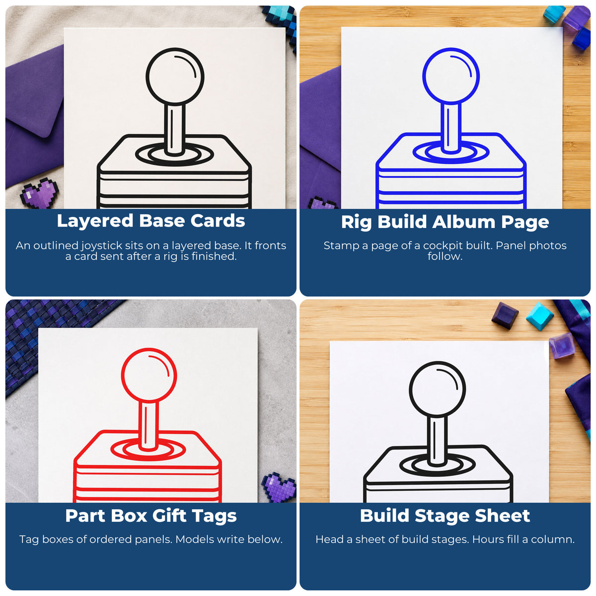 Four ways to use the Retro Joystick Layered Base Rubber Stamp – Duo Hand: layered base cards, rig build album page, part box gift tags and build stage sheet.
