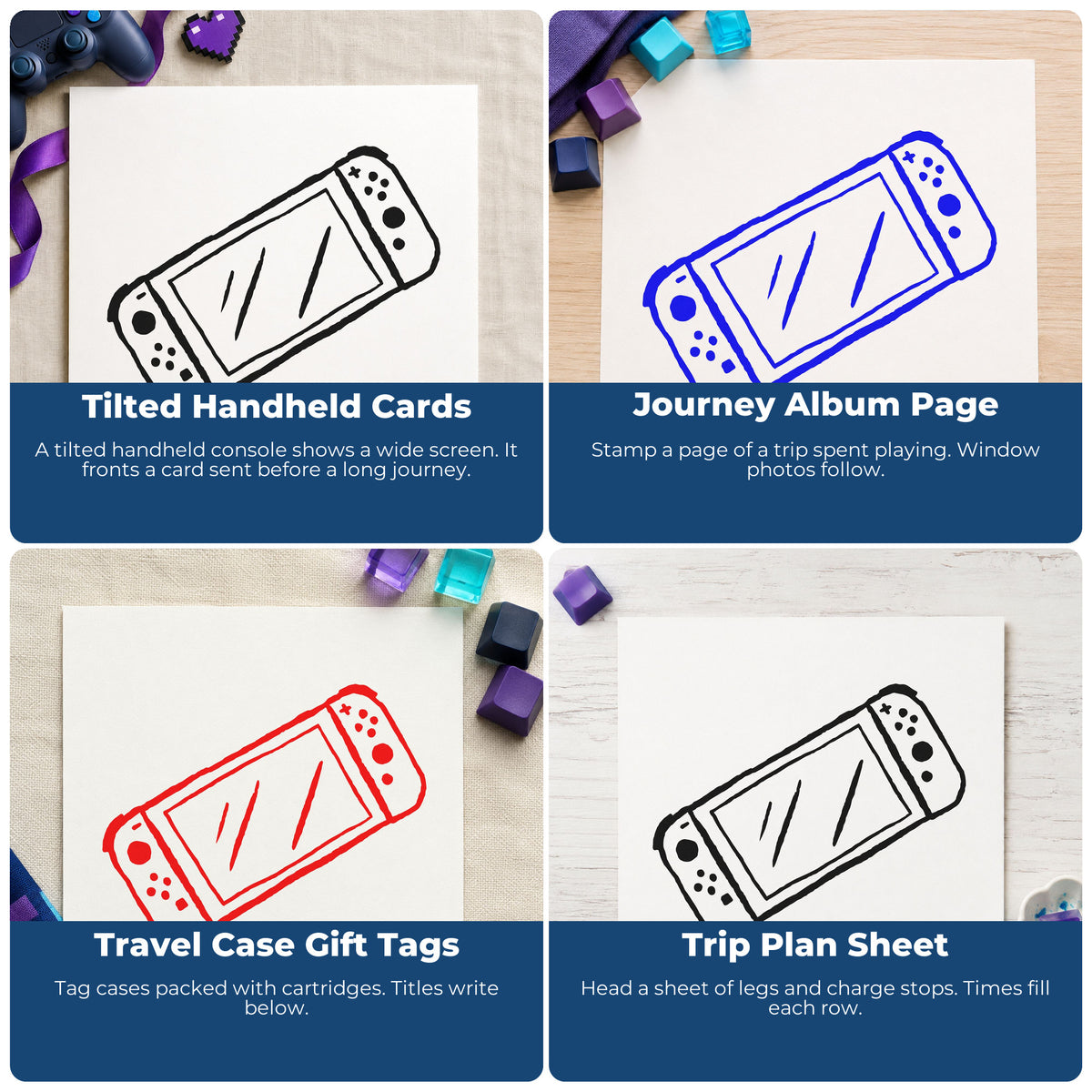 Four ways to use the Wide-Screen Handheld Game Console Hand Stamp – Duo: tilted handheld cards, journey album page, travel case gift tags and trip plan sheet.
