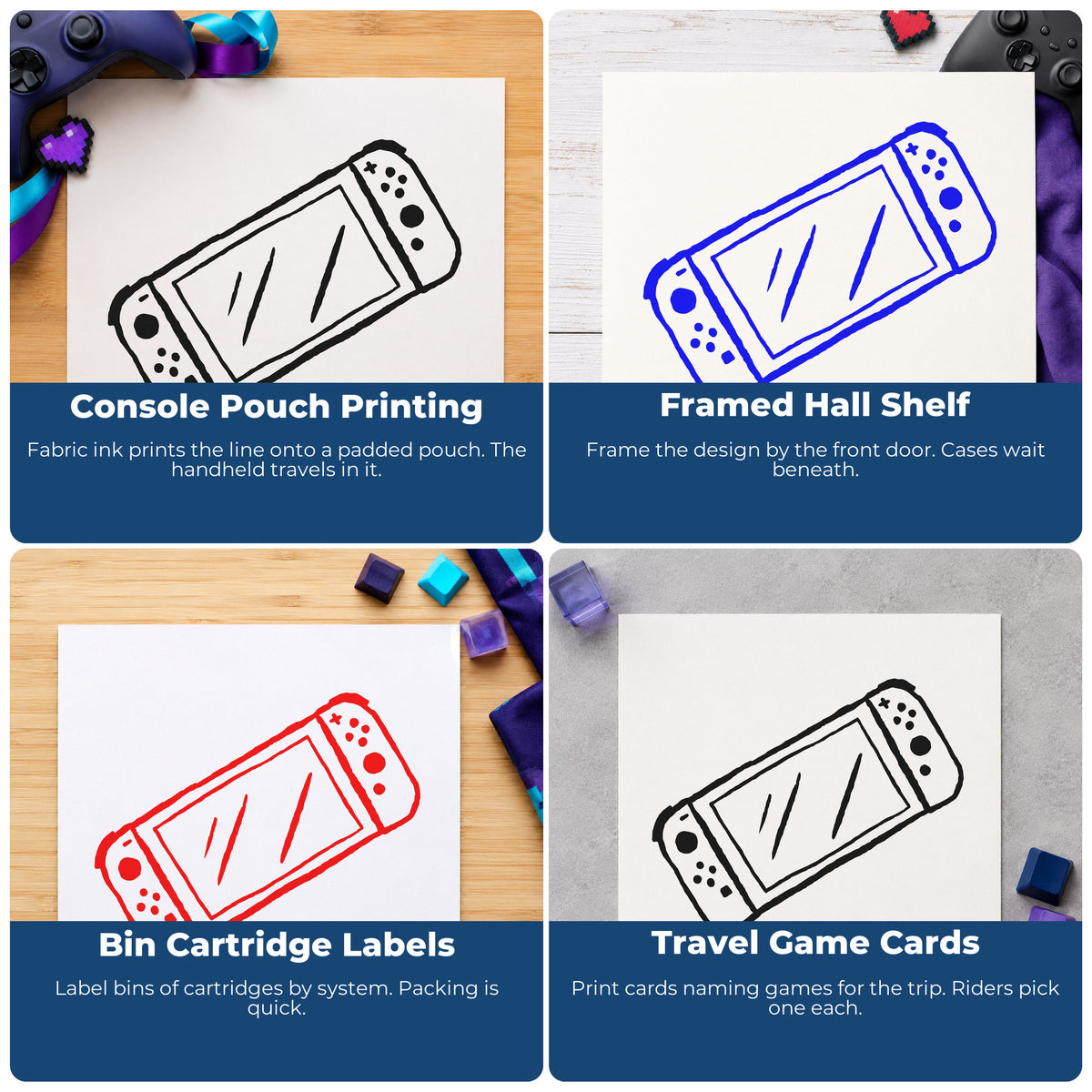 Four ways to use the Wide-Screen Handheld Game Console Hand Stamp – Duo: console pouch printing, framed hall shelf, bin cartridge labels and travel game cards.