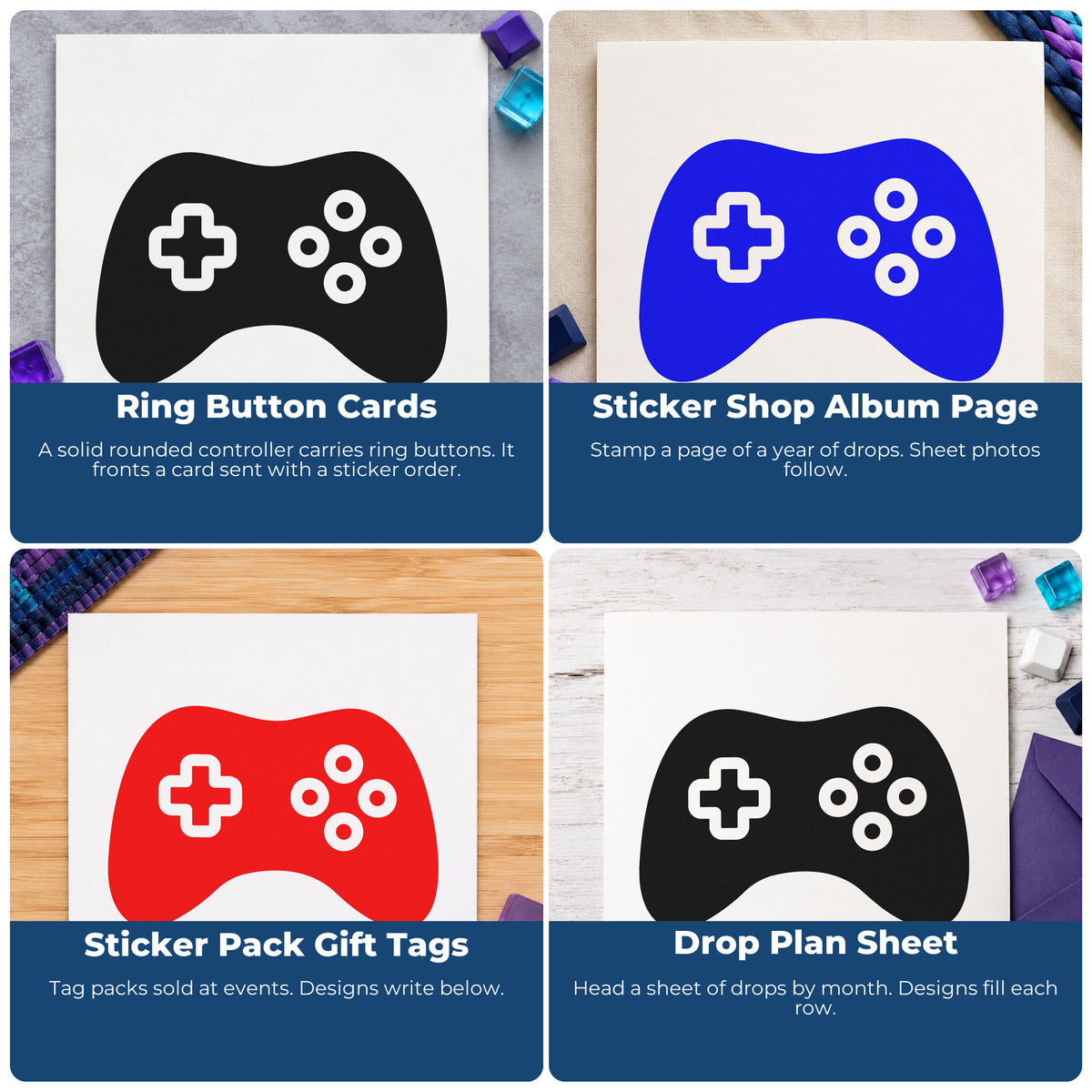 Four ways to use the Ring-Button Game Controller Silhouette Pre-Inked Stamp – PSI: ring button cards, sticker shop album page, sticker pack gift tags and drop plan sheet.