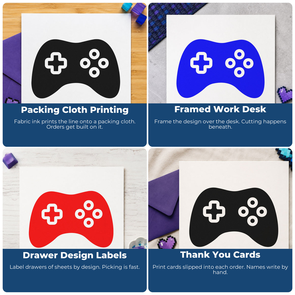 Four ways to use the Ring-Button Game Controller Silhouette Pre-Inked Stamp – PSI: packing cloth printing, framed work desk, drawer design labels and thank you cards.