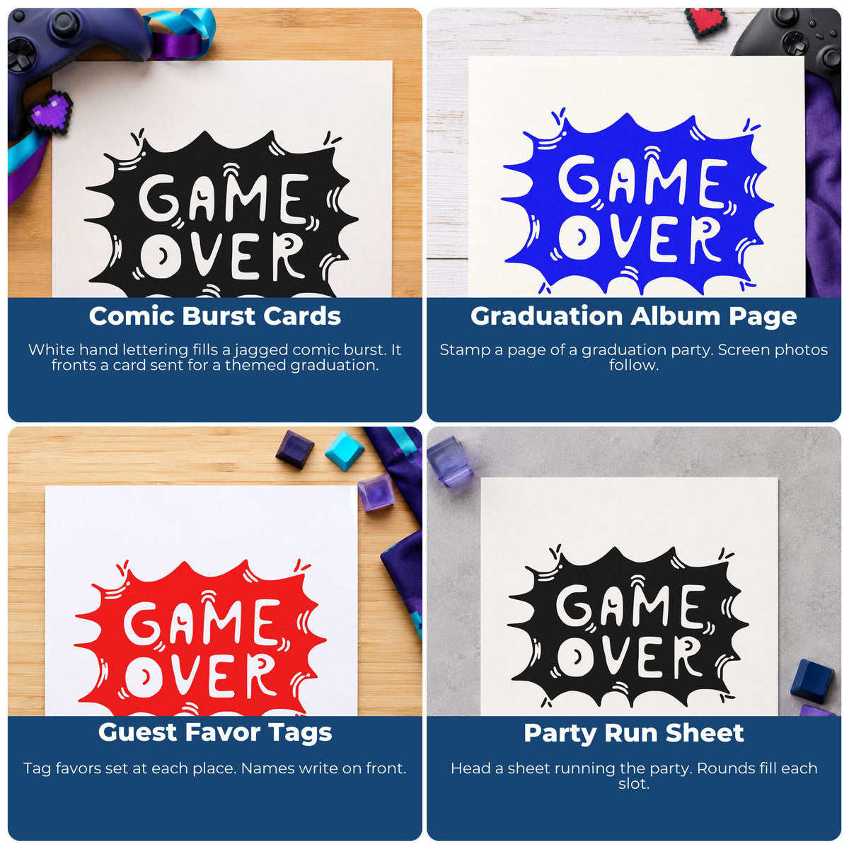 Four ways to use the Game Over Comic Burst Lettering Premium Wooden Stamp - Vintage Pro: comic burst cards, graduation album page, guest favor tags and party run sheet.
