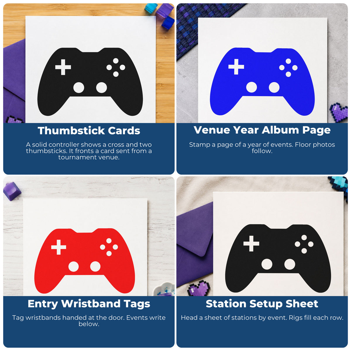 Four ways to use the Duo Hand Dual Thumbstick Controller Silhouette Rubber Stamp: thumbstick cards, venue year album page, entry wristband tags and station setup sheet.