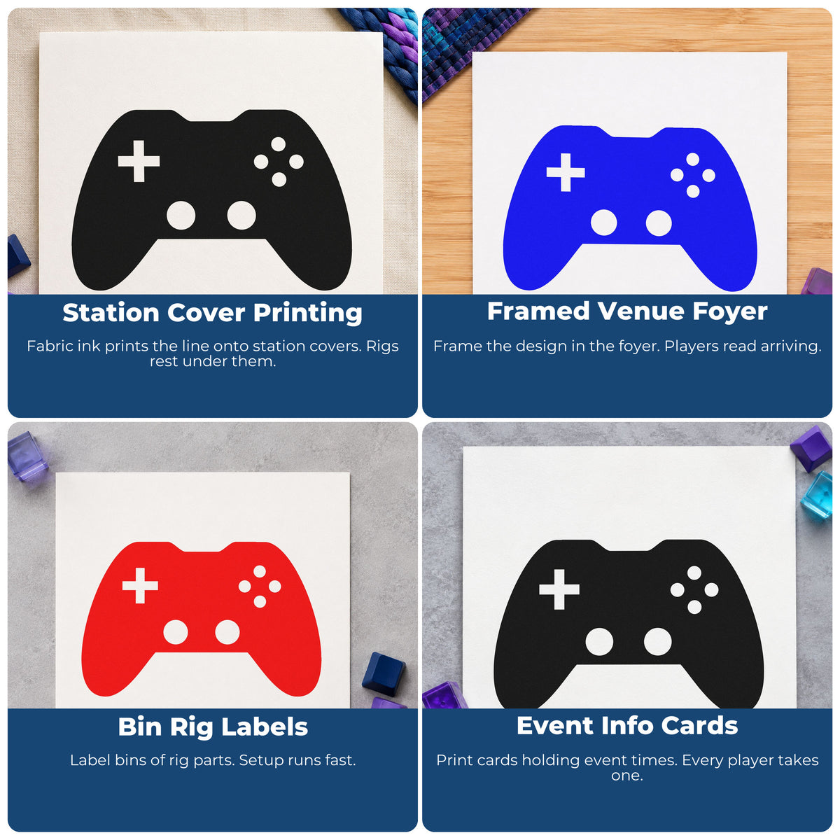 Four ways to use the Dual Thumbstick Controller Silhouette Stamp – PSI Pre-Inked: station cover printing, framed venue foyer, bin rig labels and event info cards.