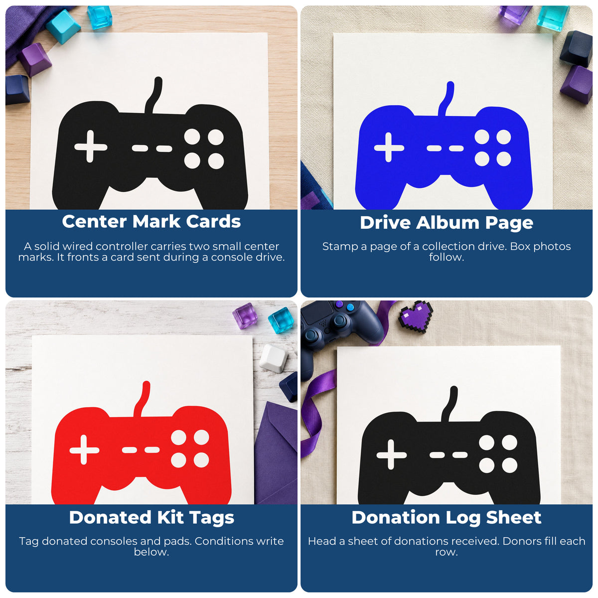 Four ways to use the Wired Controller Button Rubber Stamp – Wood Handle: center mark cards, drive album page, donated kit tags and donation log sheet.