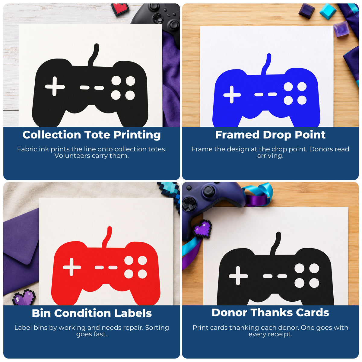 Four ways to use the Wired Controller Button Rubber Stamp – Wood Handle: collection tote printing, framed drop point, bin condition labels and donor thanks cards.