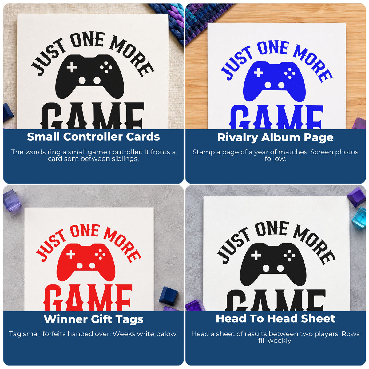 Four ways to use the Just One More Game Controller Self-Inking Stamp: small controller cards, rivalry album page, winner gift tags and head to head sheet.