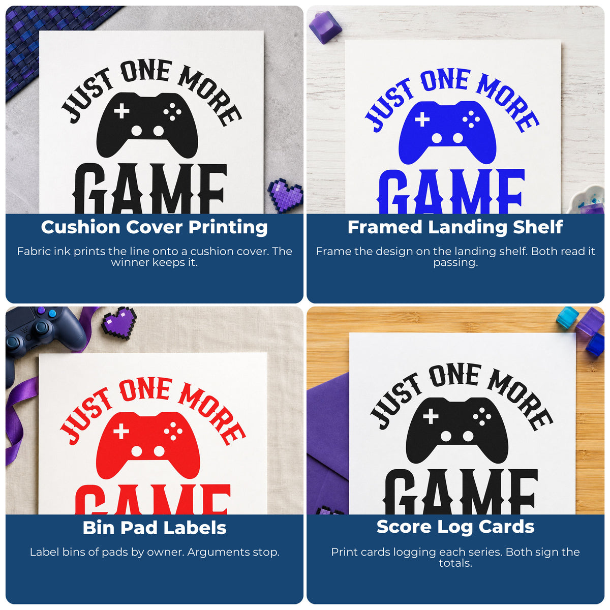 Four ways to use the Just One More Game Controller Slim Pre-Inked Stamp: cushion cover printing, framed landing shelf, bin pad labels and score log cards.