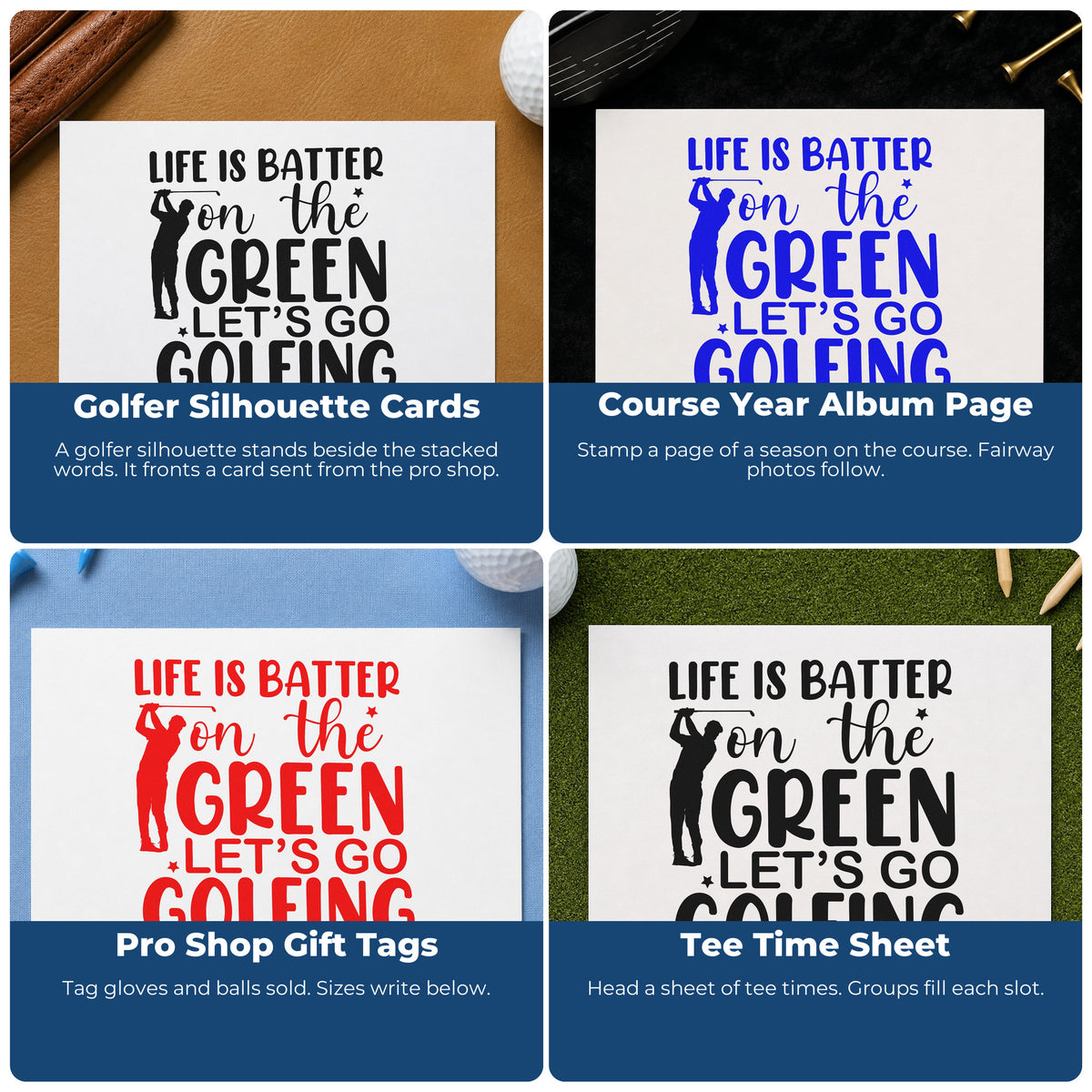 Four ways to use the On The Green Golfer Quote Premium Wooden Stamp - Vintage Pro: golfer silhouette cards, course year album page, pro shop gift tags and tee time sheet.