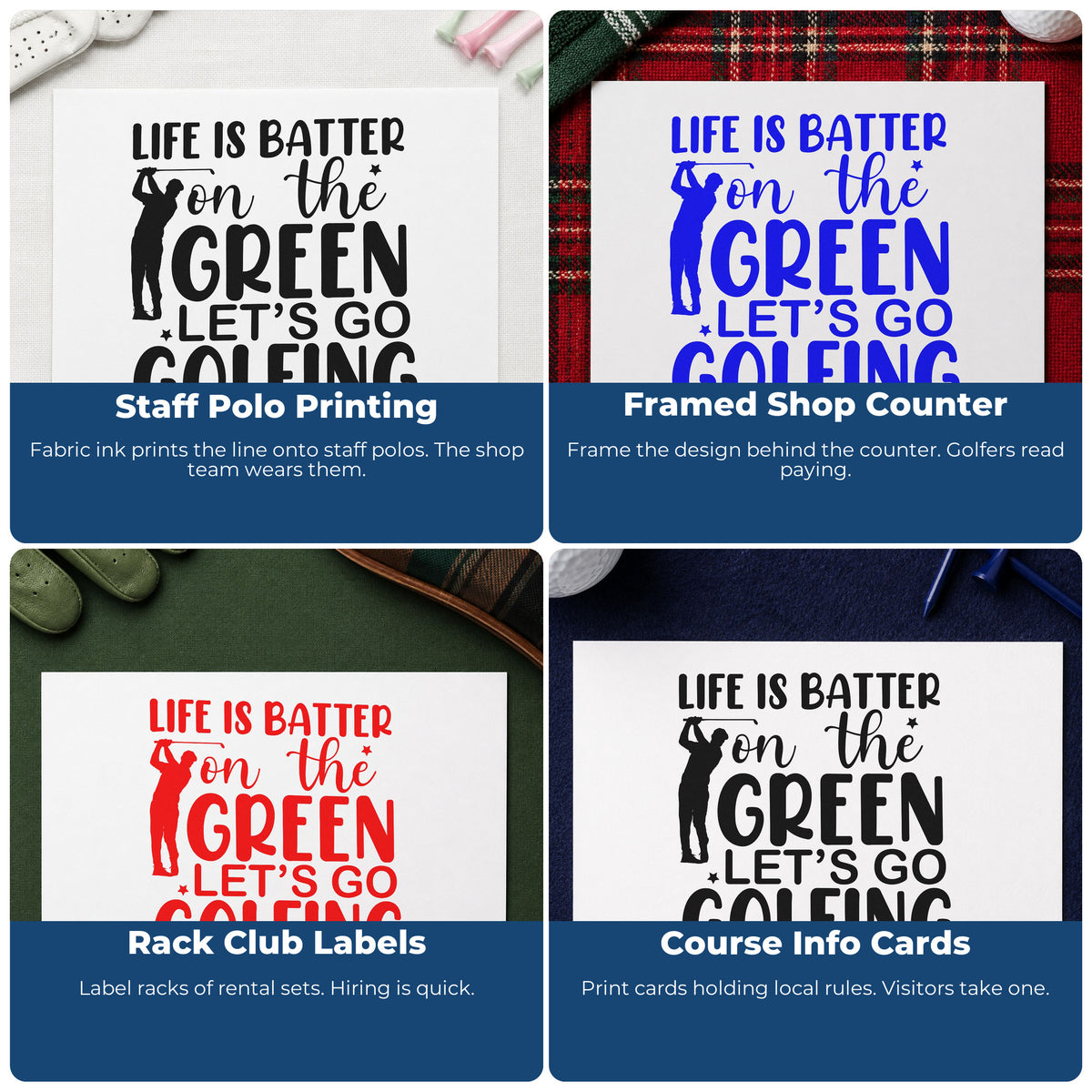 Four ways to use the On The Green Golfer Quote Premium Wooden Stamp - Vintage Pro: staff polo printing, framed shop counter, rack club labels and course info cards.
