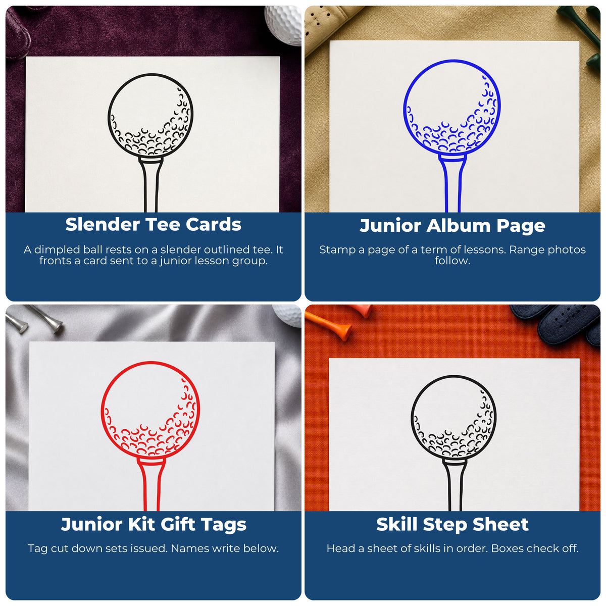 Four ways to use the Vintage Pro Golf Ball On A Slender Tee Premium Wooden Stamp: slender tee cards, junior album page, junior kit gift tags and skill step sheet.