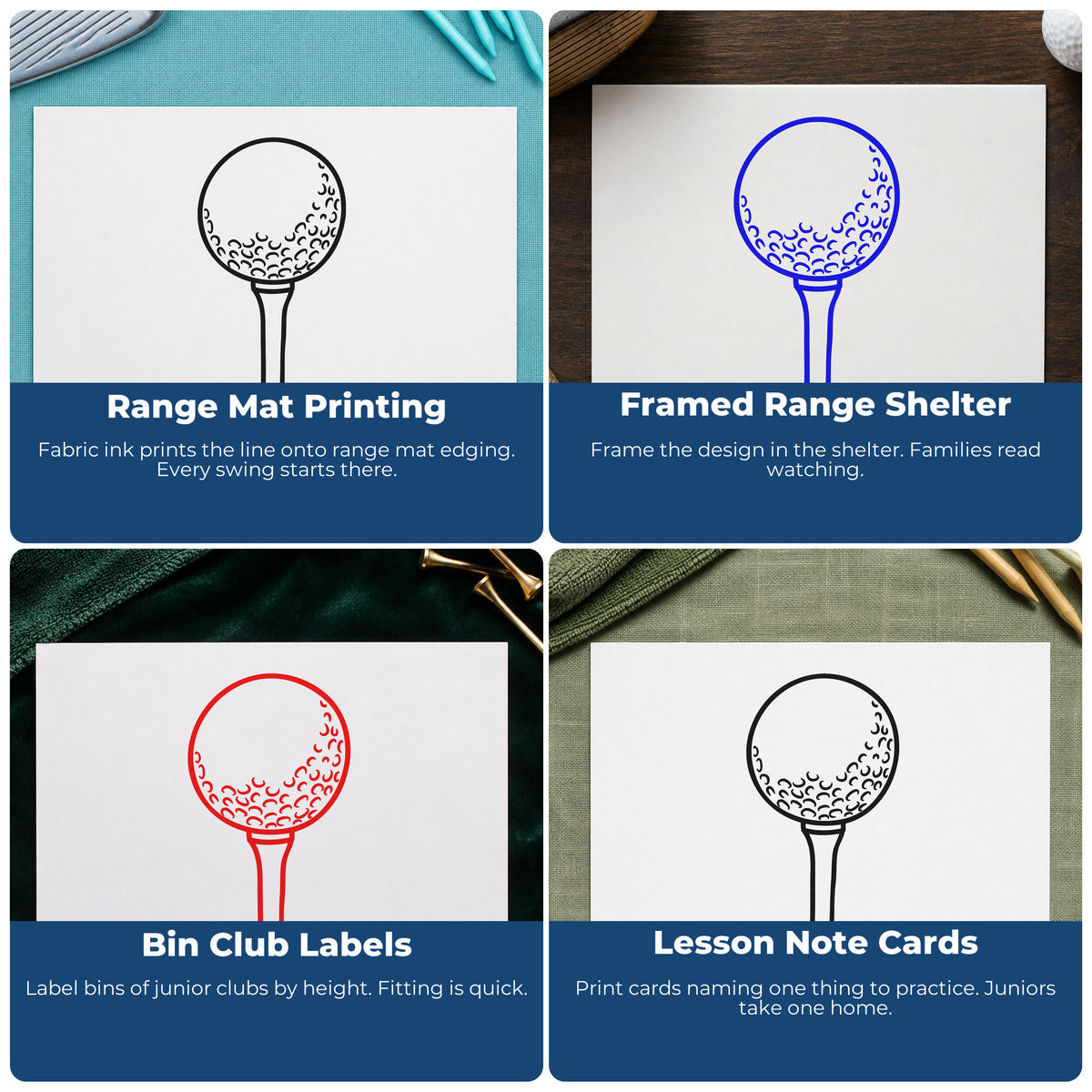 Four ways to use the Golf Ball On A Slender Tee Wood Handle Stamp: range mat printing, framed range shelter, bin club labels and lesson note cards.