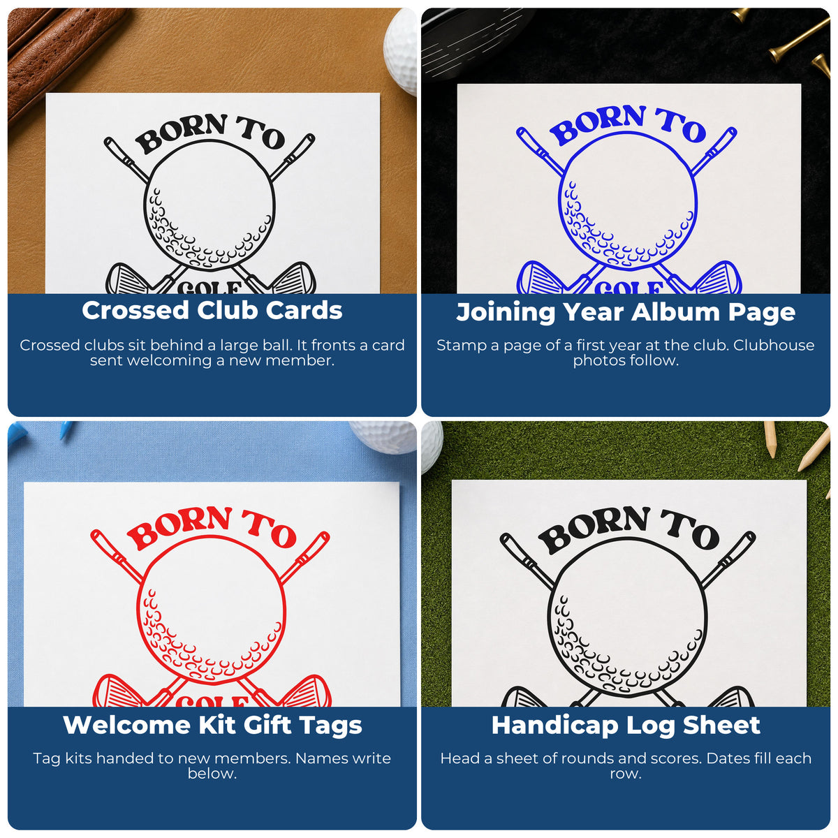 Four ways to use the Born To Golf Clubs Premium Wooden Stamp - Vintage Pro: crossed club cards, joining year album page, welcome kit gift tags and handicap log sheet.