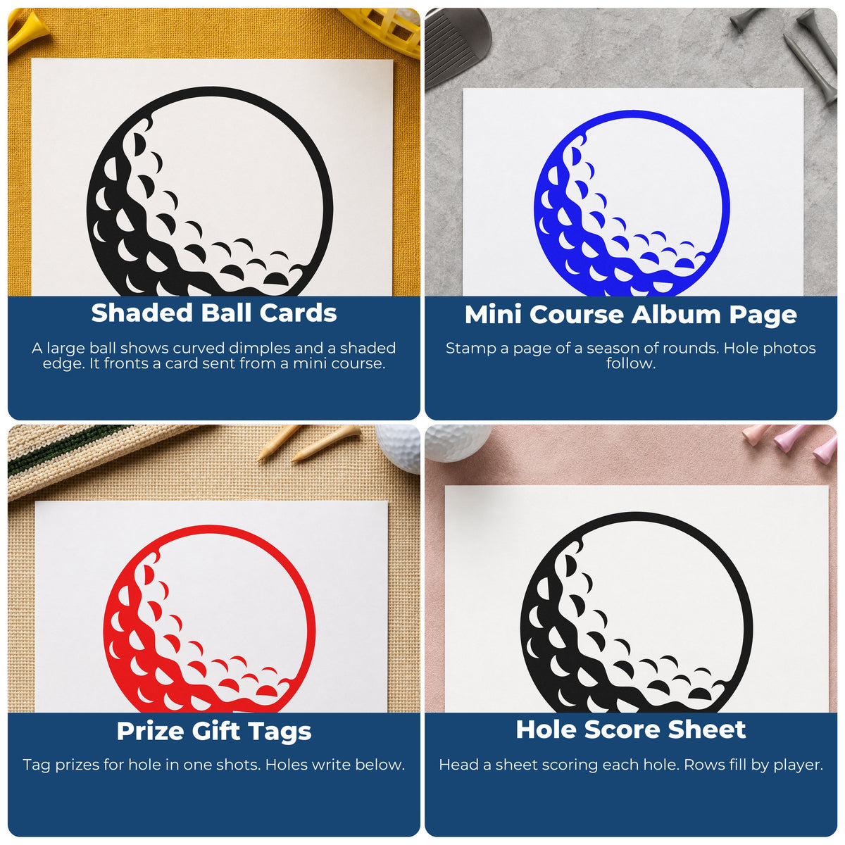 Four ways to use the Shaded Golf Ball Premium Wooden Stamp - Vintage Pro: shaded ball cards, mini course album page, prize gift tags and hole score sheet.